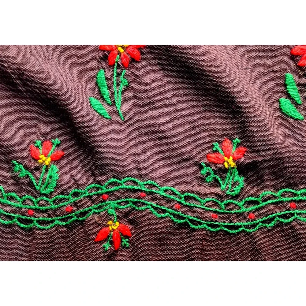 Handmade Apron Women Adjustable Brown Vintage Floral Embroidered